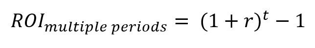 ROI formula for multiple periods = (1+r)^t - 1
