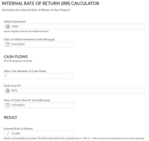 Screenshot of the Internal Rate of Return Calculator (IRR)