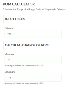 Screenshot Rough order of magnitude (ROM) calculator