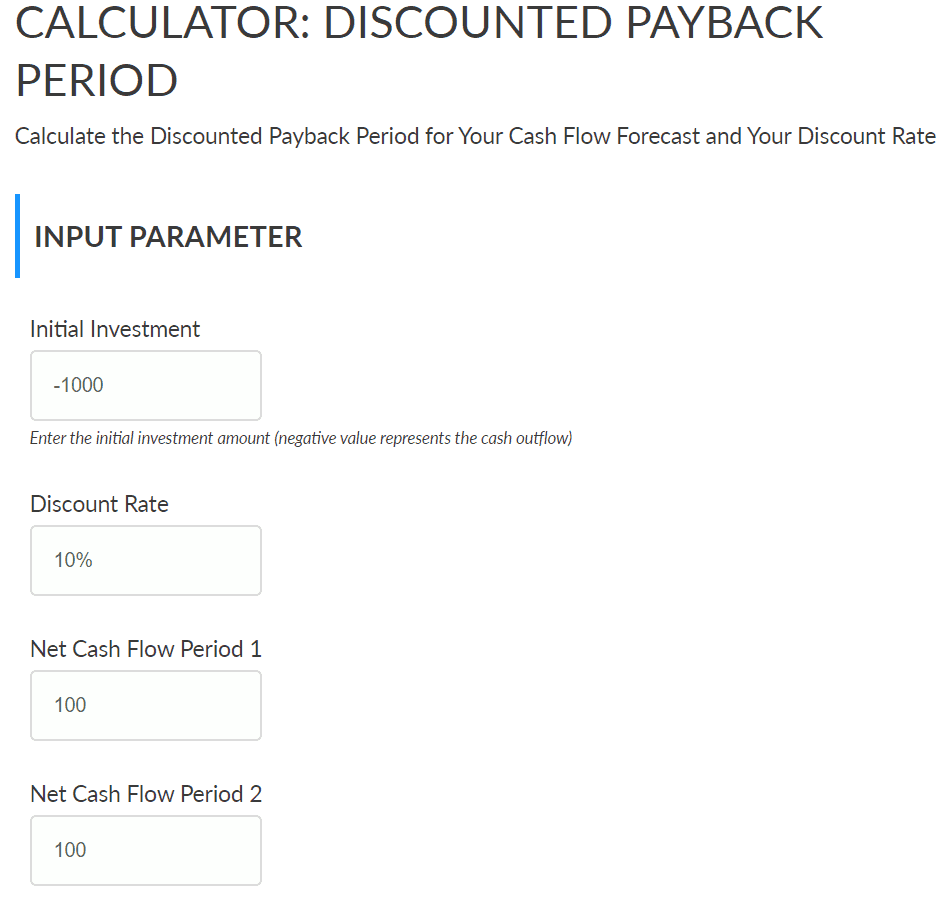 Screenshot Discounted Payback Period Calculator (DPP)